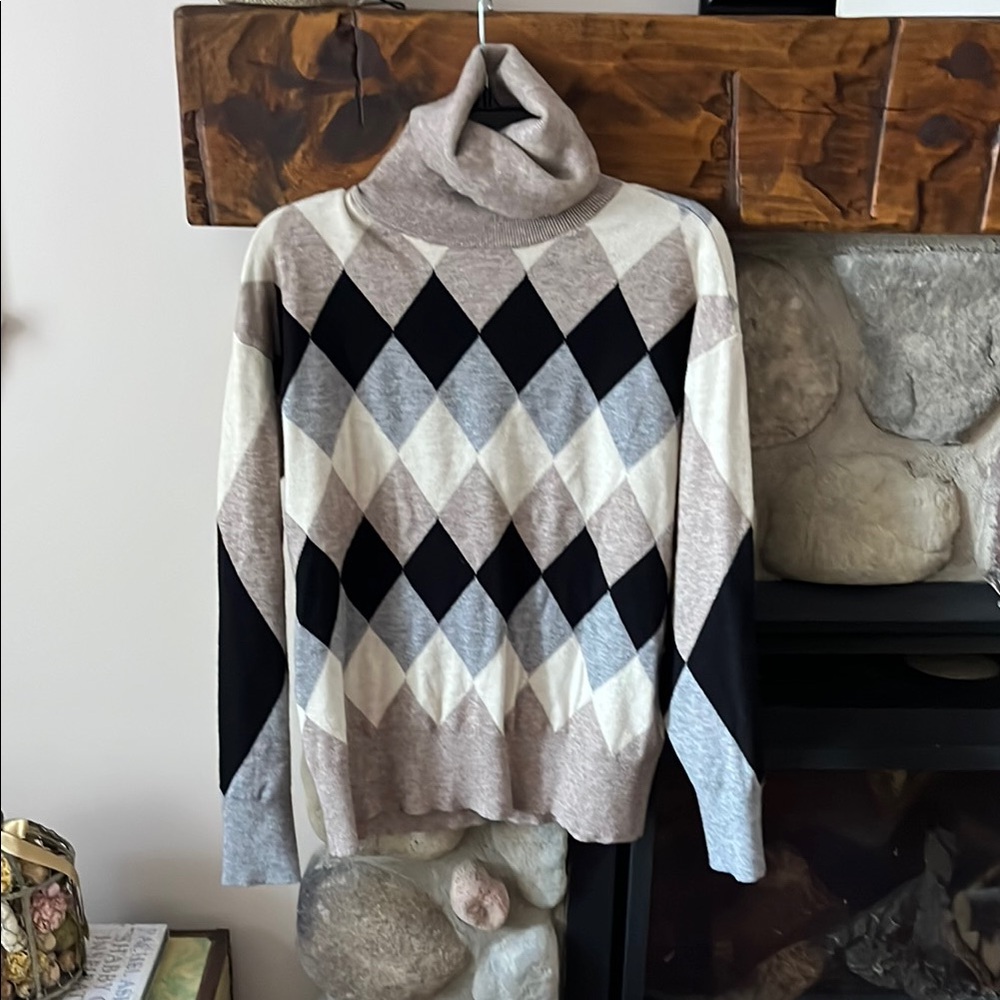 CHARLIE B Taupe Black Cream Argyle Turtleneck Sweater